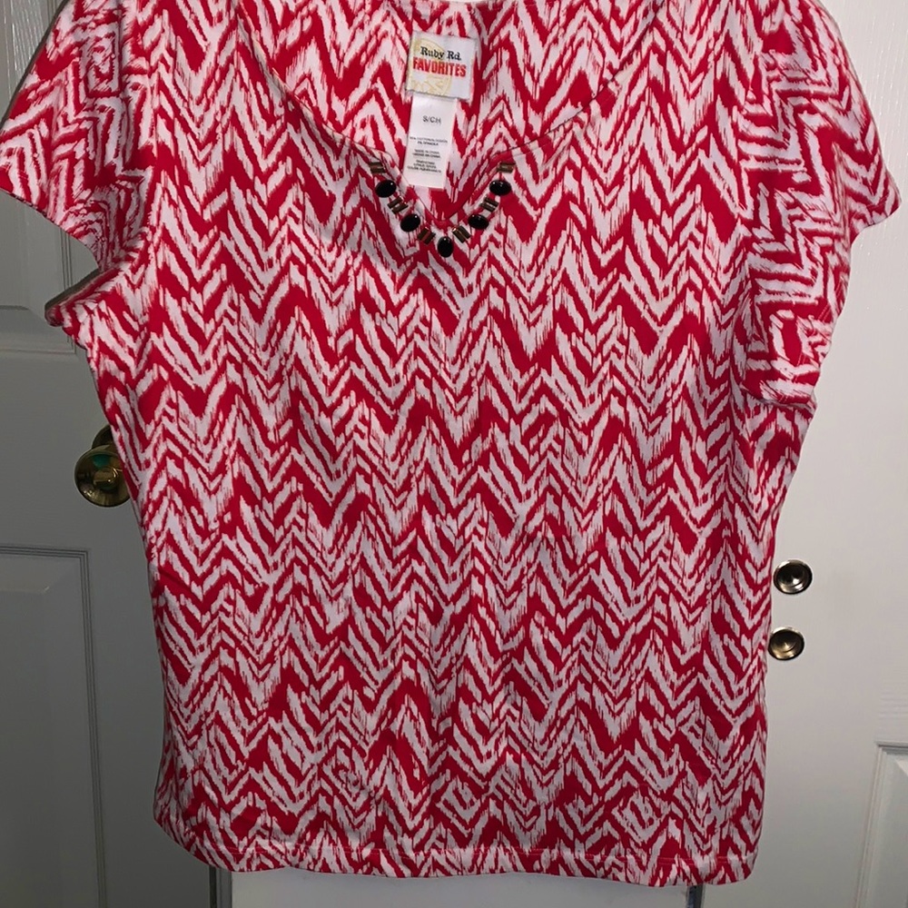 Red and White V-Neck Blouse